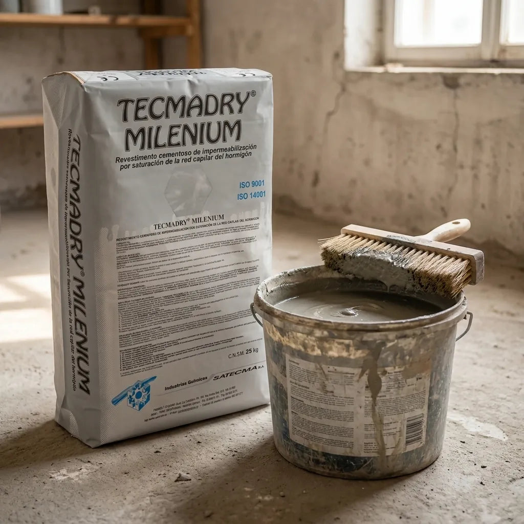 TECMADRY MILENIUM 25 кг - чувалът в мазе до кофа с разтвор и широка блок-четка