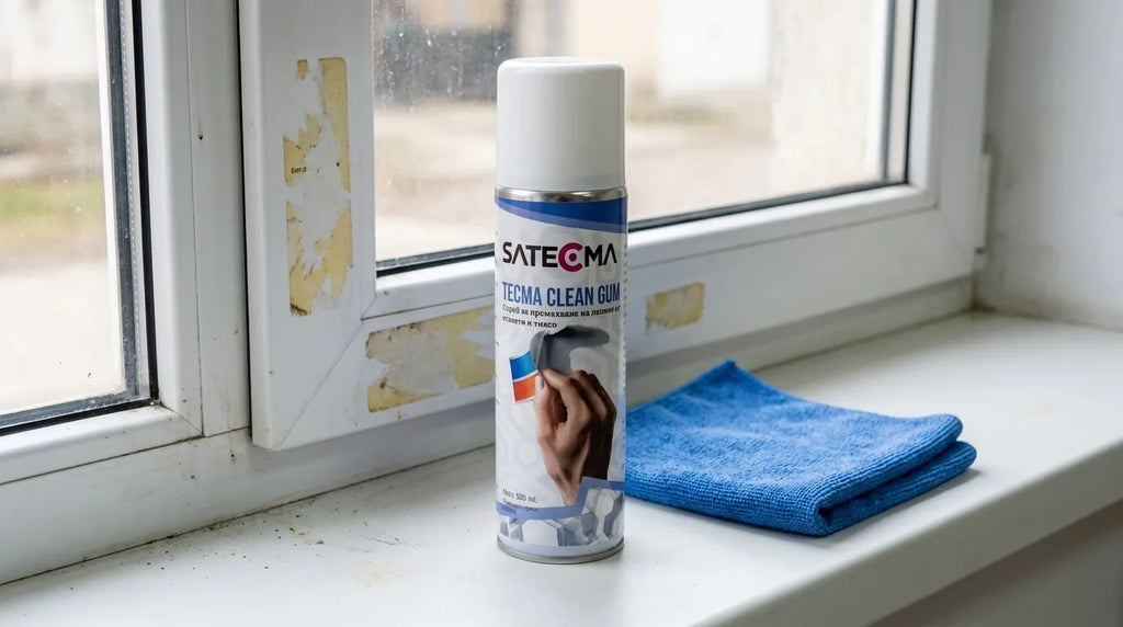 Tecma Clean Gum - флаконът на бял PVC перваз до остатъци от стари лепенки и микрофибърна кърпа