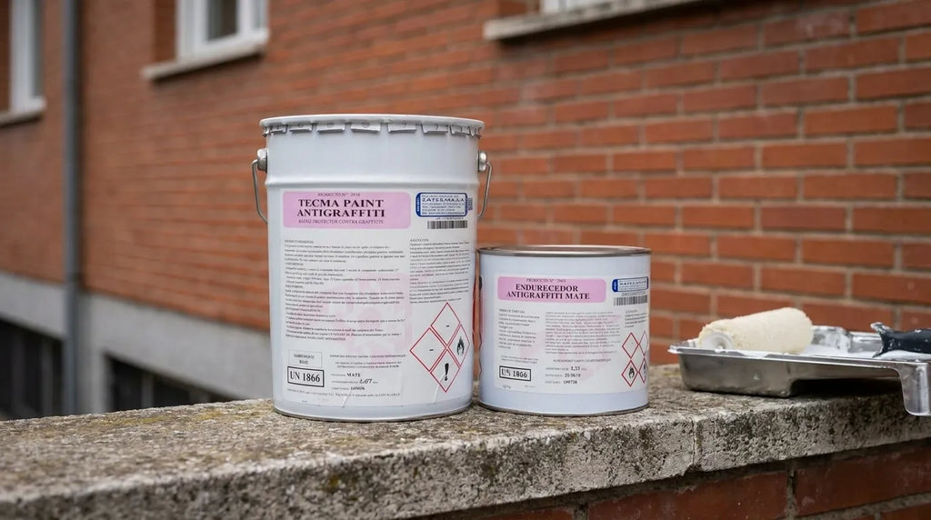 TECMA PAINT ANTIGRAFFITI (кит 4 кг) - двете кутии на кита пред тухлена стена, с валяк и ваничка