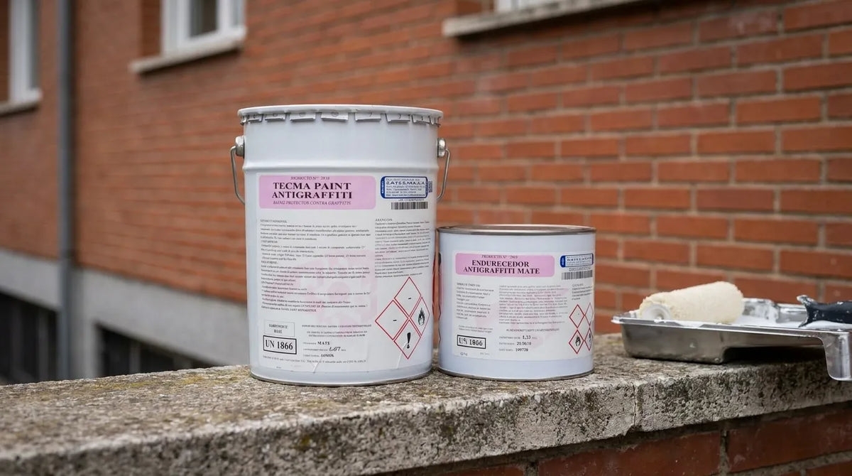 TECMA PAINT ANTIGRAFFITI (кит 4 кг) - двете кутии на кита пред тухлена стена, с валяк и ваничка