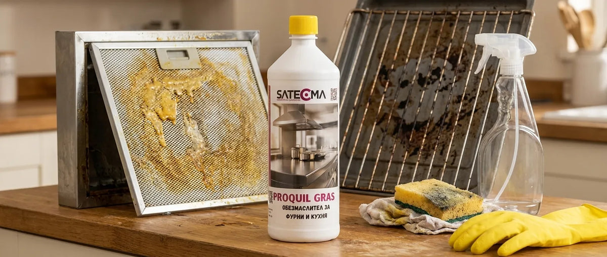 PROQUIL-GRAS концентрат 1 л - бутилката до замърсена с мазнина фурна, с пръскачка и ръкавици