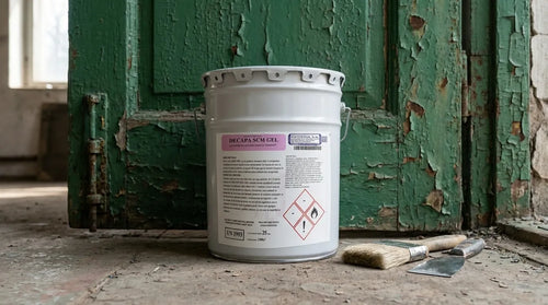 DECAPA SCM GEL - кофата пред стара дървена врата със зелена олющена боя, с четка и шпакла