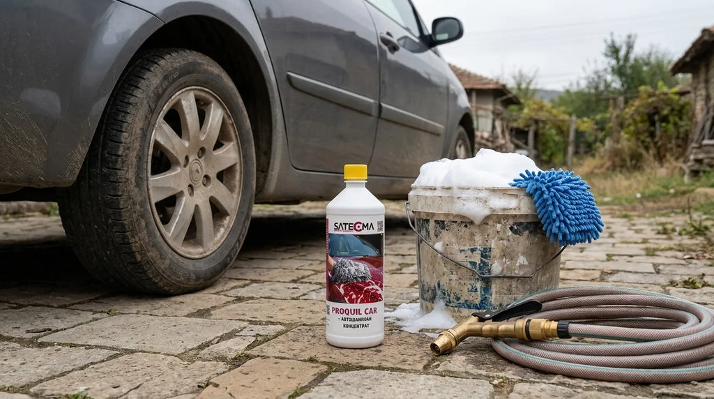 PROQUIL CAR 1 л - бутилката на алея до прашна кола, с ведро с пяна, микрофибърна ръкавица и маркуч
