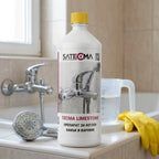TECMA LIMESTONE - бутилката в банята до смесител с варовик, мерителна кана и ръкавици