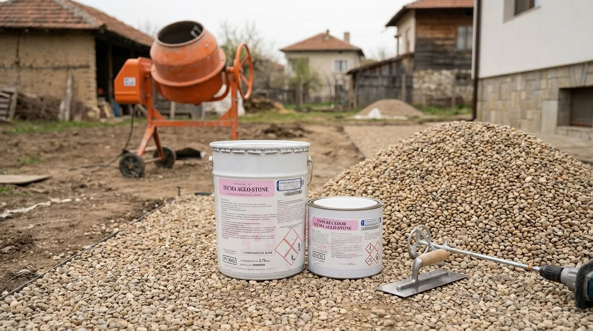 TECMA AGLO STONE - двете кутии на кита върху чакъл, с мистрия и бетонобъркачка в заден план