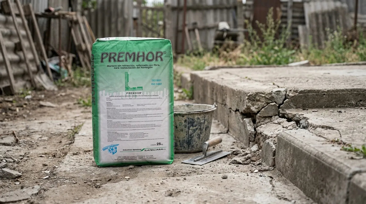 PREMHOR 25 кг - чувалът до счупен бетонен ръб, с кофа и мистрия