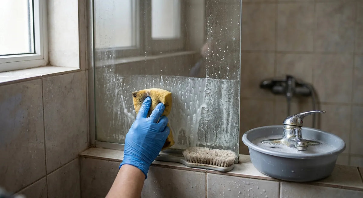 TECMA LIMESTONE - почистване на варовик от стъклото на душ кабина с гъба, до легена с разтвора