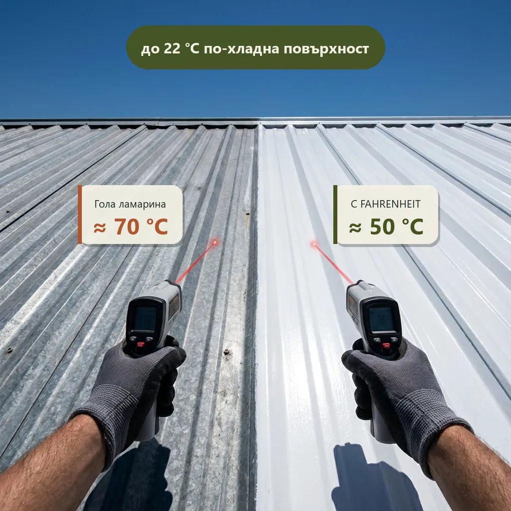 TECMA PAINT FAHRENHEIT - температурна разлика на покрива - от около 70°C до около 50°C след боядисване