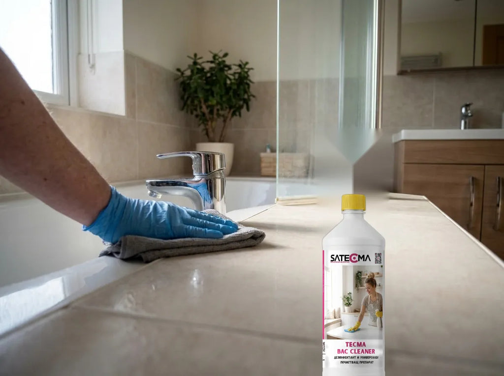 Стъпка 2 - същата баня: чистата батерия и кантът на ваната с TECMA BAC CLEANER