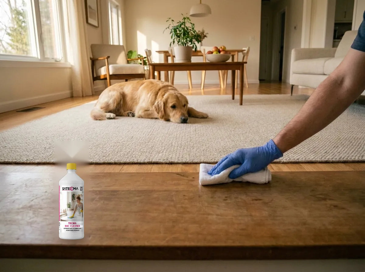 Стъпка 2 - същата стая: подът пред мястото се измива с TECMA BAC CLEANER
