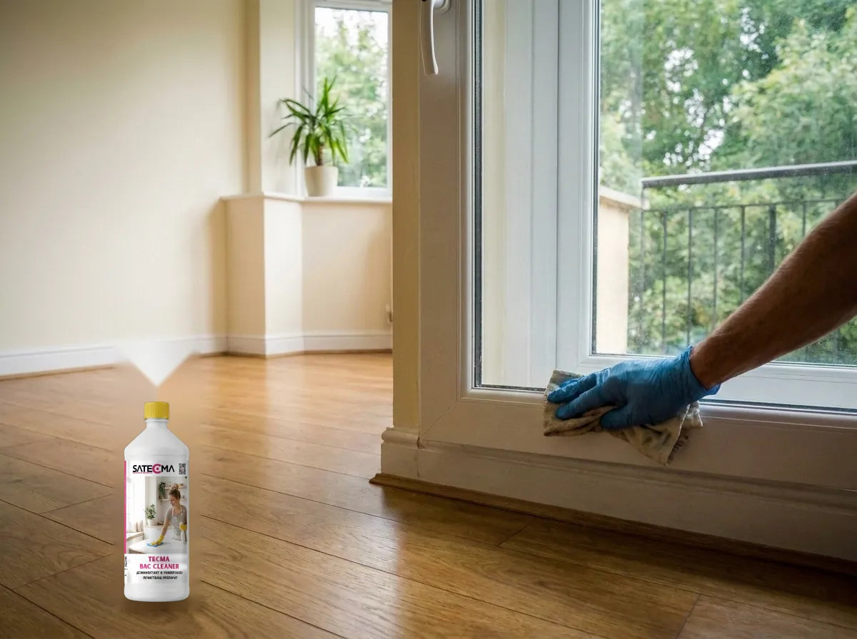 Стъпка 3 - същата стая, накрая: дограмата се забърсва с TECMA BAC CLEANER