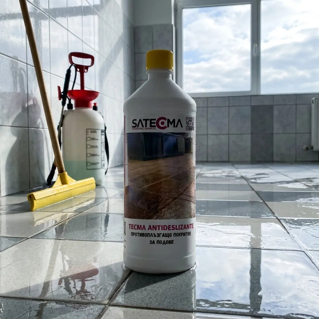 TECMA-ANTIDESLIZANTE - бутилката на мокрия плочков под, до пръскачка и гумена четка