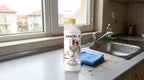 TECMA BAC CLEANER 1 л - флаконът с оранжева пръскалка на кухненски плот до мивката, с микрофибърна кърпа