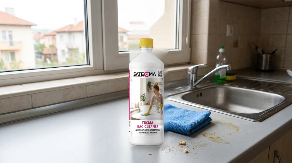 TECMA BAC CLEANER 1 л - флаконът с оранжева пръскалка на кухненски плот до мивката, с микрофибърна кърпа