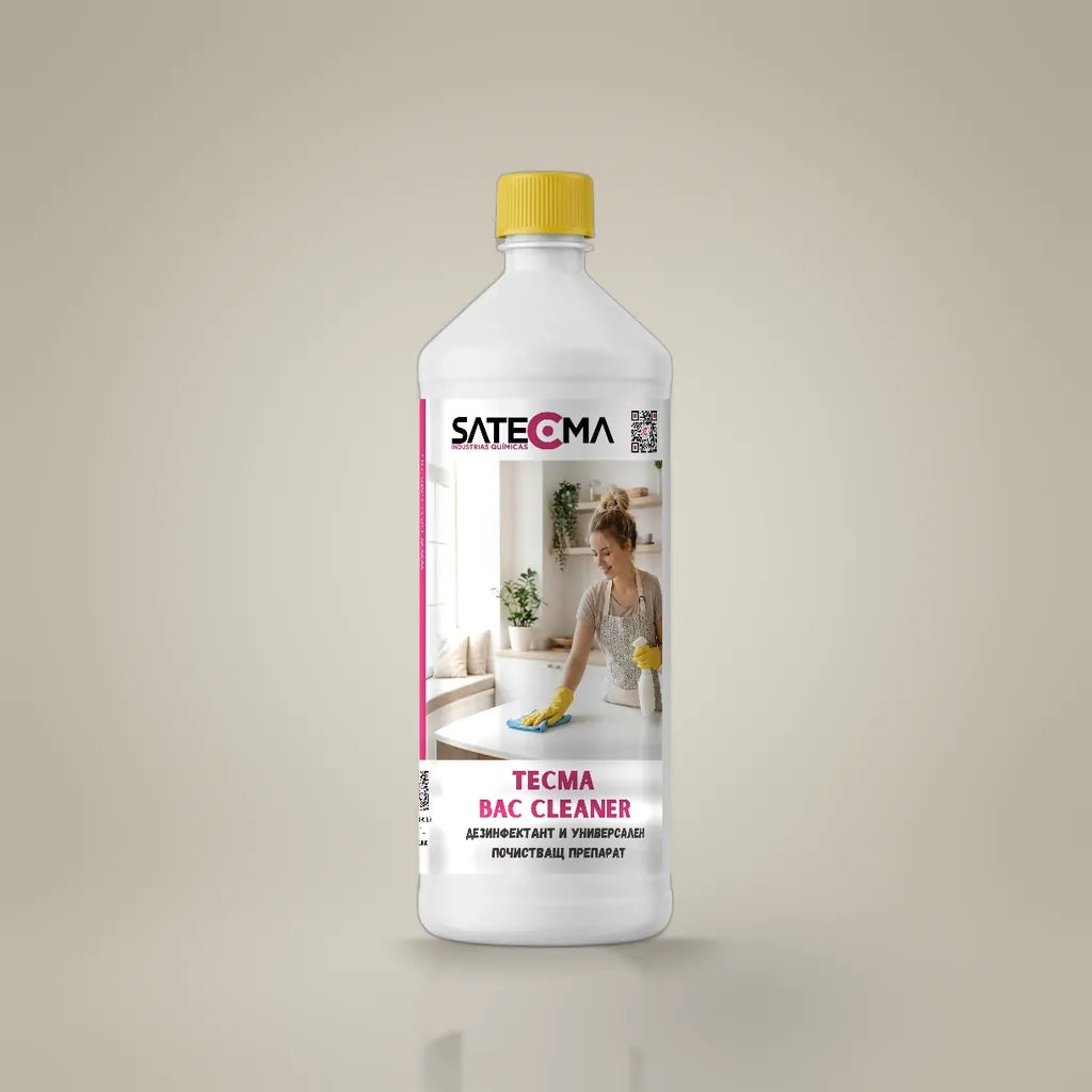 TECMA BAC CLEANER 1 л - бутилката с жълта капачка на светъл фон