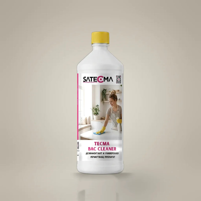 TECMA BAC CLEANER 1 л - бутилката с жълта капачка на светъл фон
